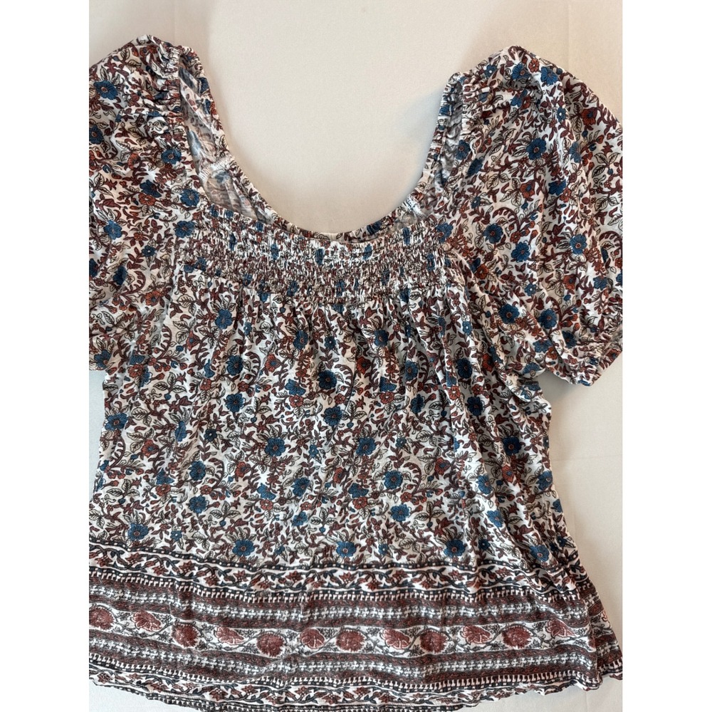 Lucky Brand Womens Floral Smocked Square Neck Puff Sleeve Boho Top Large 7WP6839